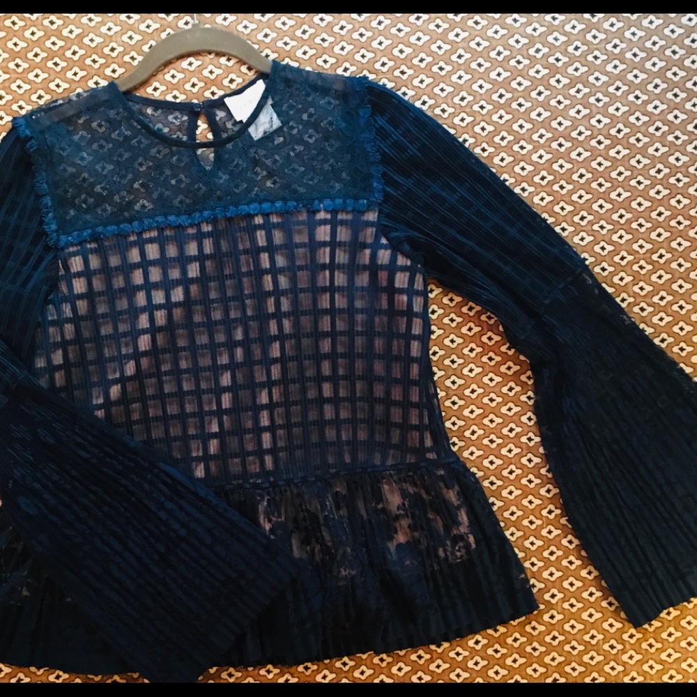 foxiedox Sheer Navy Blue Lace Panel Long Sleeve Blouse NWOT - rare